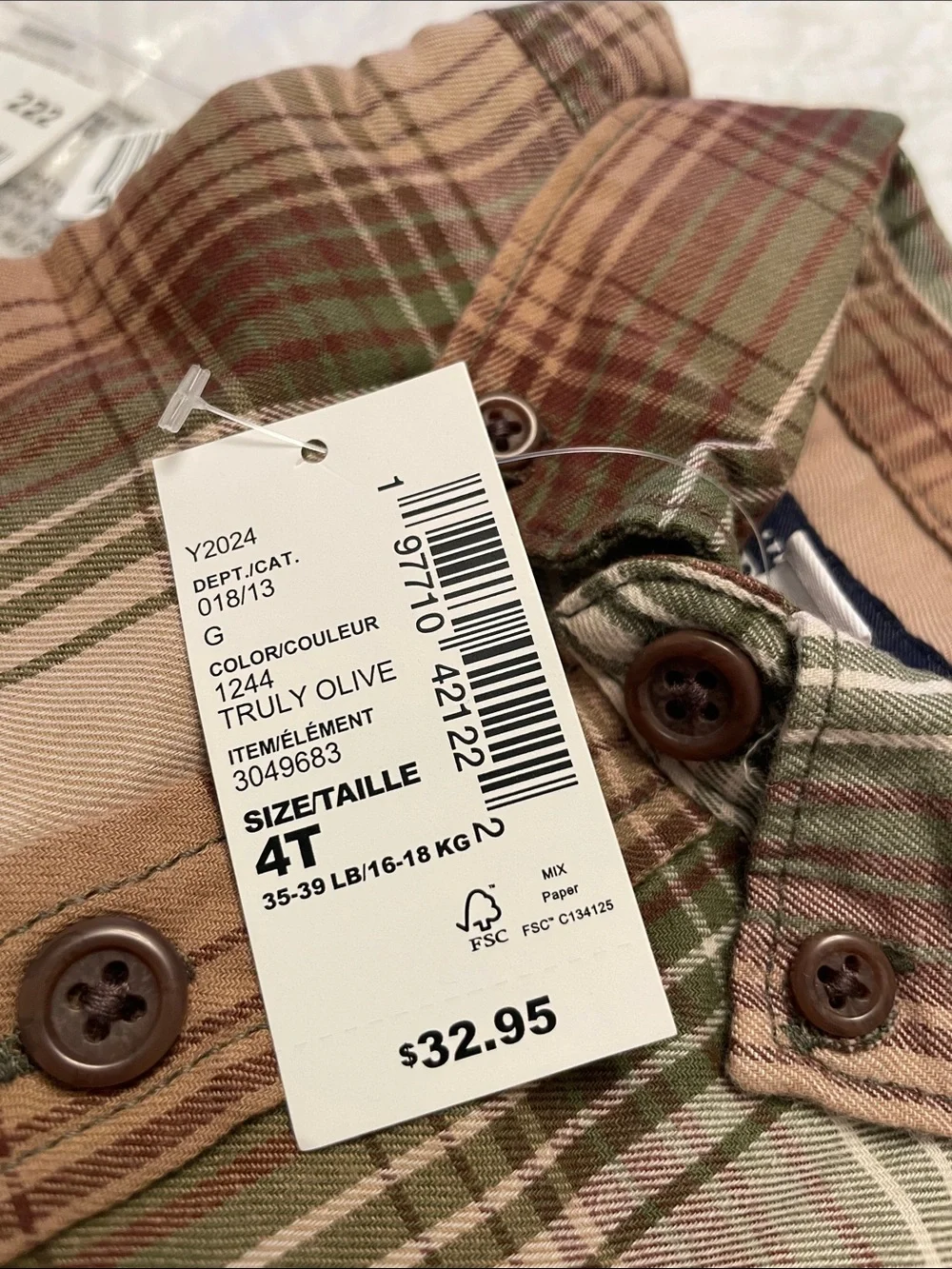 NWT $33 The Children’s Place 4T TRULY OLIVE Plaid Soft Long Sleeve Button Shirt